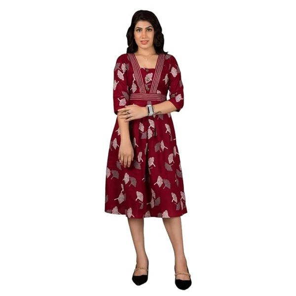 Women's Cotton Blend A line Dress for Women | One Piece Dress for Women | Midi Length | Western Dress | Maroon Dress