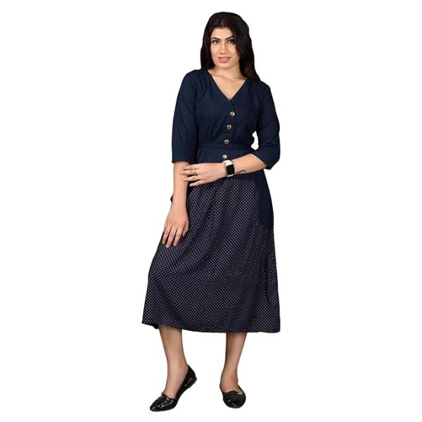 Women's Cotton Blend Dress for Women | One Piece Dress for Women | Midi Length | Western Dress | Fit and Flare Dark Blue Dress