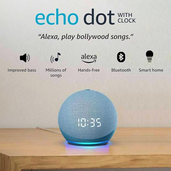 Amazon Echo Dot 4th Gen with clock | Smart speaker with powerful bass, LED display and Alexa (Blue)